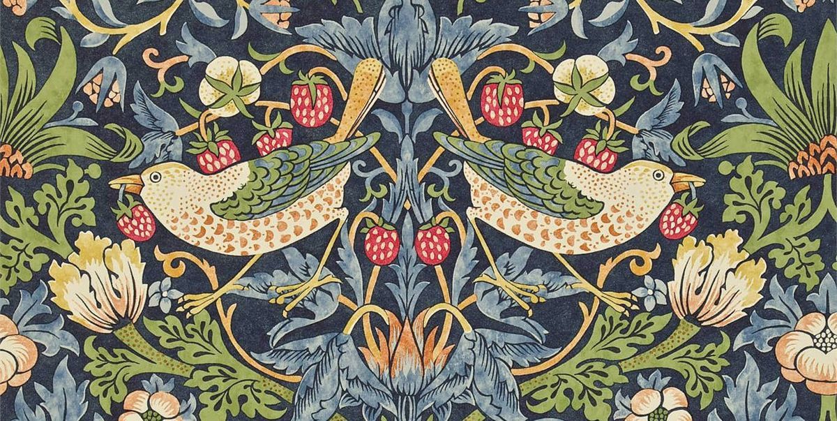 《草莓小偷》（局部），威廉·莫里斯的纺织品图案设计（1883年），新艺术运动的艺术理念起源于英国工艺美术大师威廉·莫里斯的纺织品花卉设计